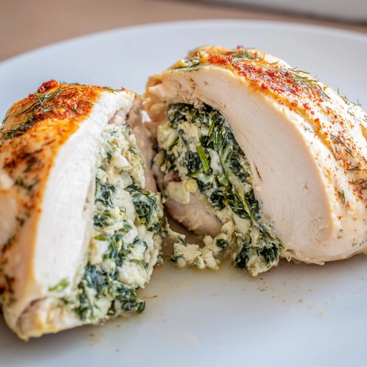 Golden-brown baked Spinach and Feta Stuffed Chicken Breast sliced open to reveal the creamy green filling.