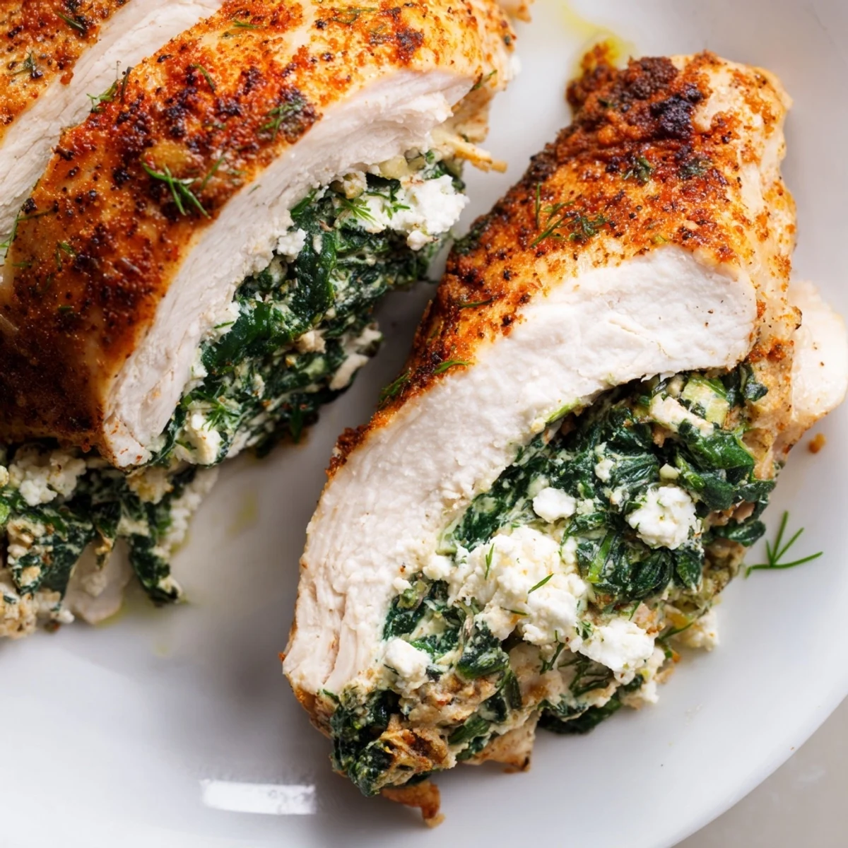 Freshly baked Spinach and Feta Stuffed Chicken Breast served alongside roasted broccoli and lemon wedges.