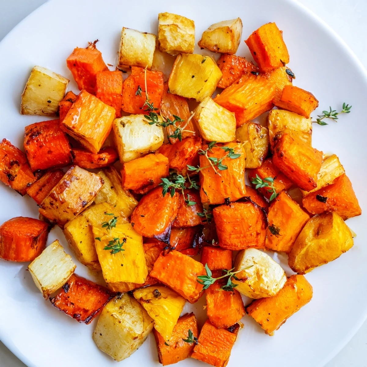 Golden roasted root vegetables with maple syrup glisten on a baking sheet, fresh from the oven.