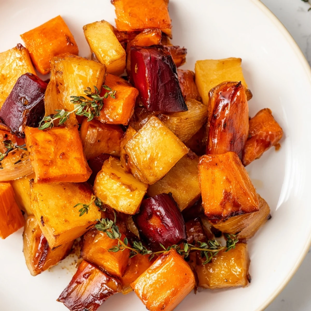Roasted Root Vegetables with Maple Syrup are served hot beside a succulent holiday roast.