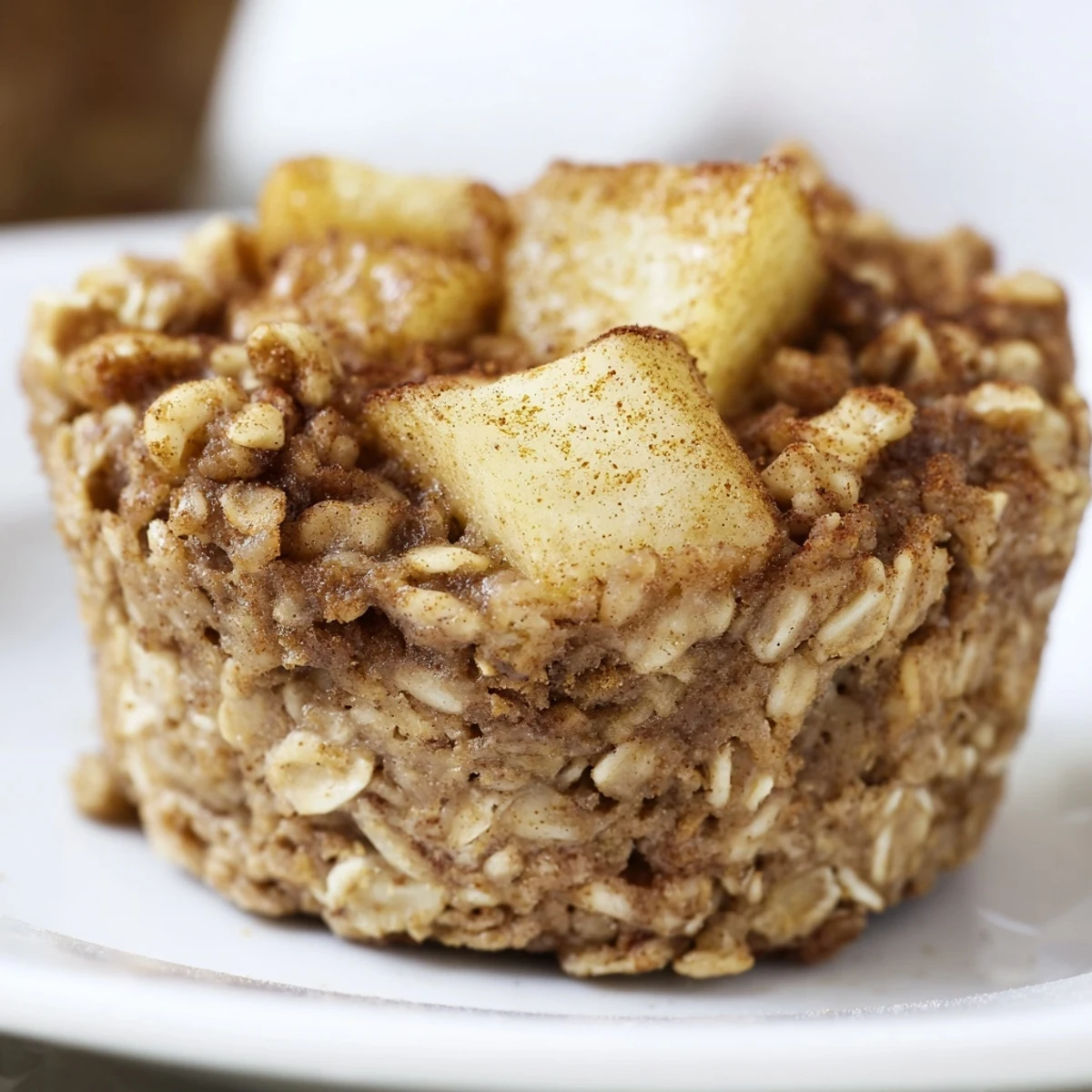 A close-up shot showcases the moist, hearty texture of Apple Cinnamon Baked Oatmeal Cups, perfect for a wholesome on-the-go breakfast.