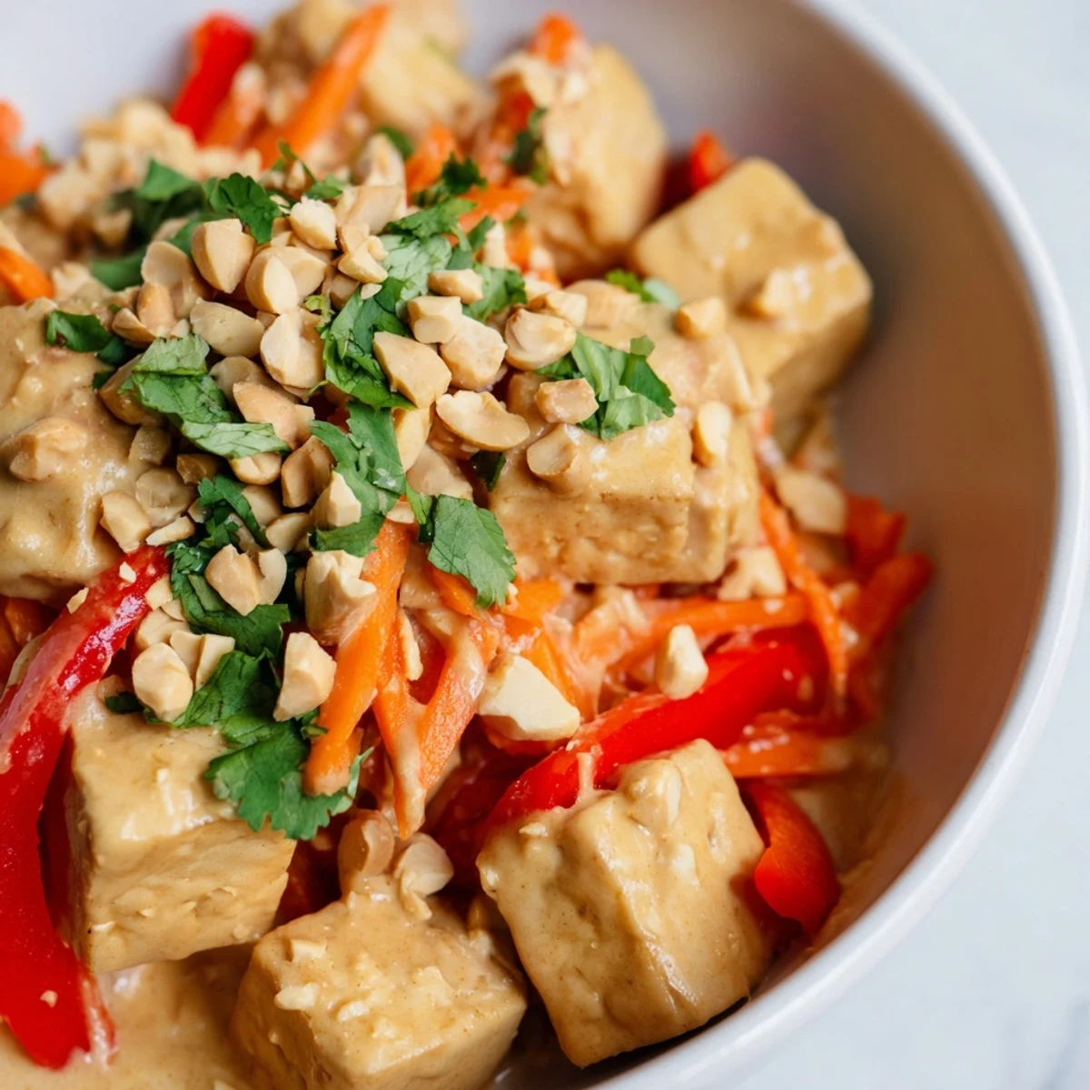 Golden, crispy tofu cubes tossed with bell peppers and snap peas in a rich peanut sauce over steamed rice.