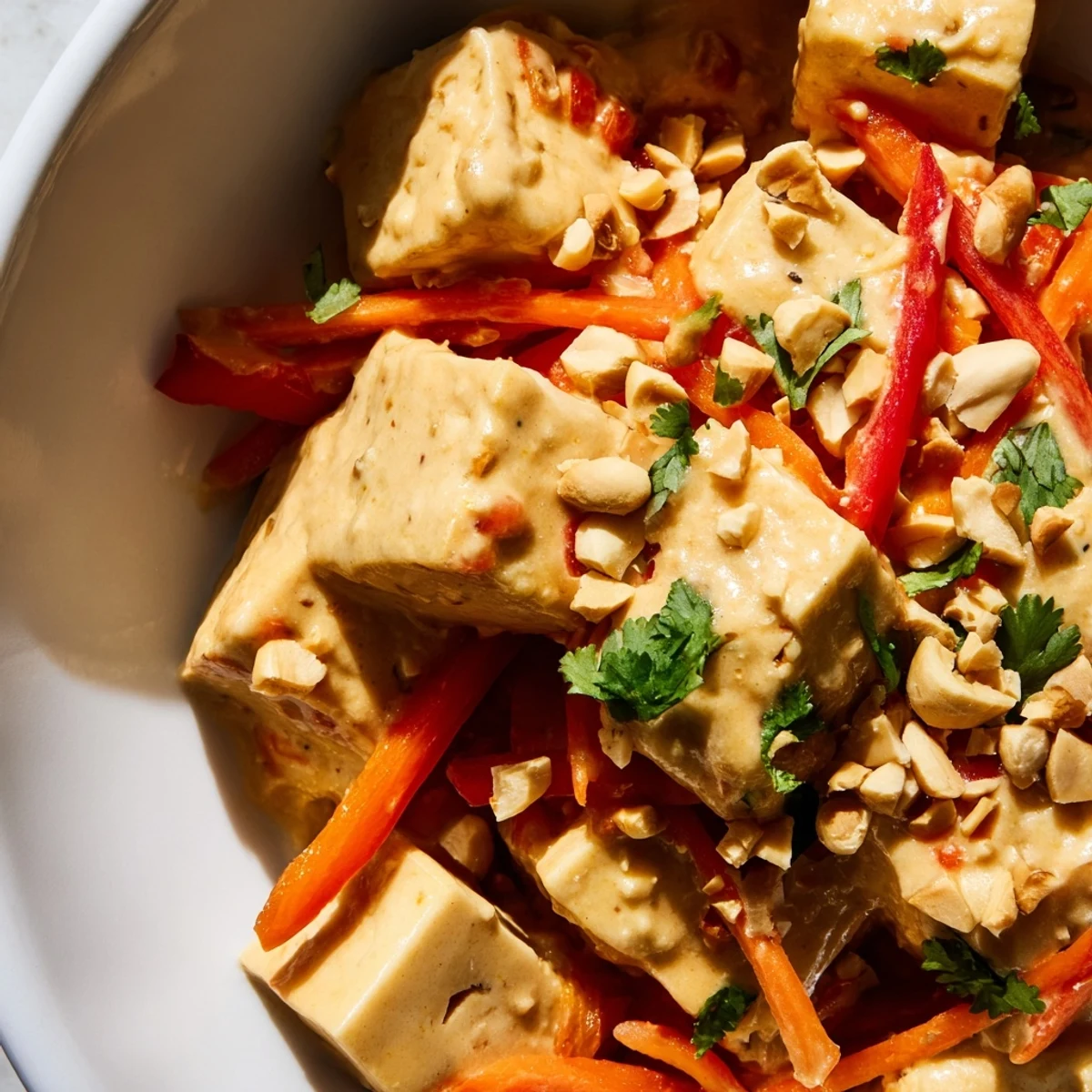 Close-up of golden-brown tofu pieces coated in creamy peanut sauce, served with fresh cilantro and lime wedges.