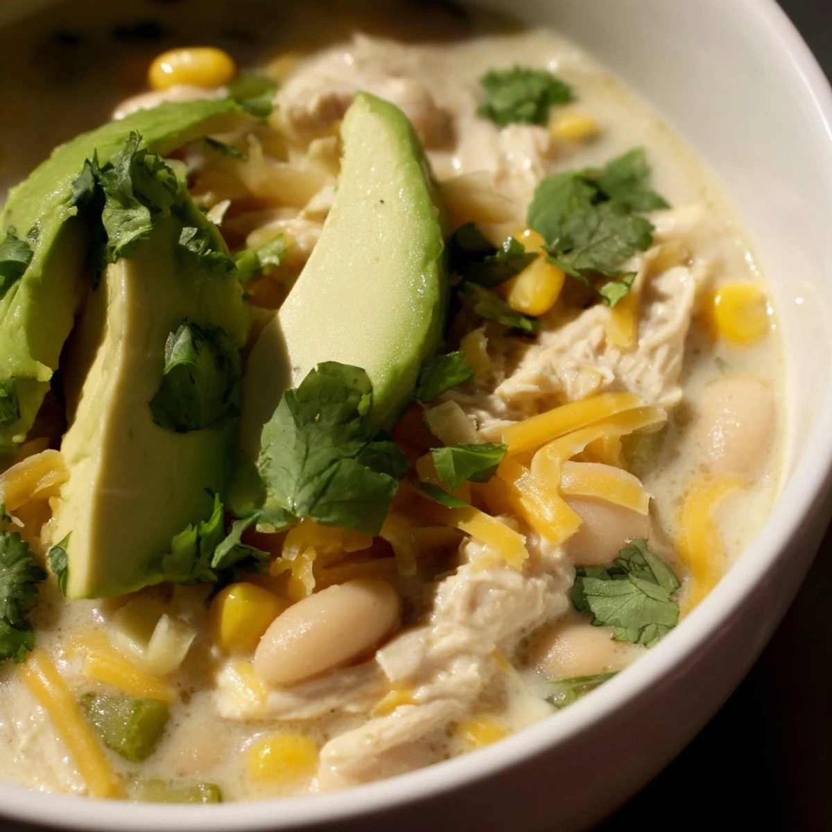 A steaming bowl of White Chicken Chili with Corn and Beans, topped with fresh cilantro, avocado, and a lime wedge.