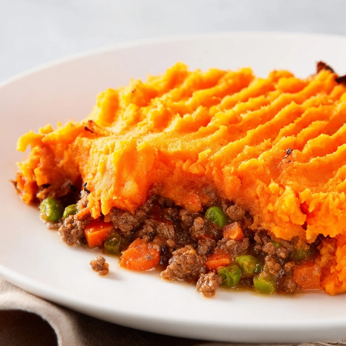 A fork lifts a creamy sweet potato topping from the savory beef filling of a freshly baked Beef Shepherds Pie.