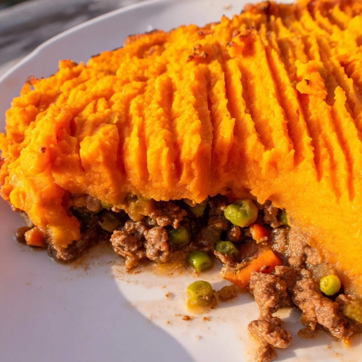 Beef Shepherds Pie with Sweet Potato Mash served in a casserole dish, ready to enjoy for a cozy family dinner.