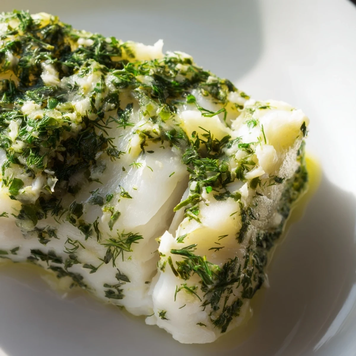 Flaky, tender cod with melted dill and parsley butter, resting on a baking sheet ready to serve.