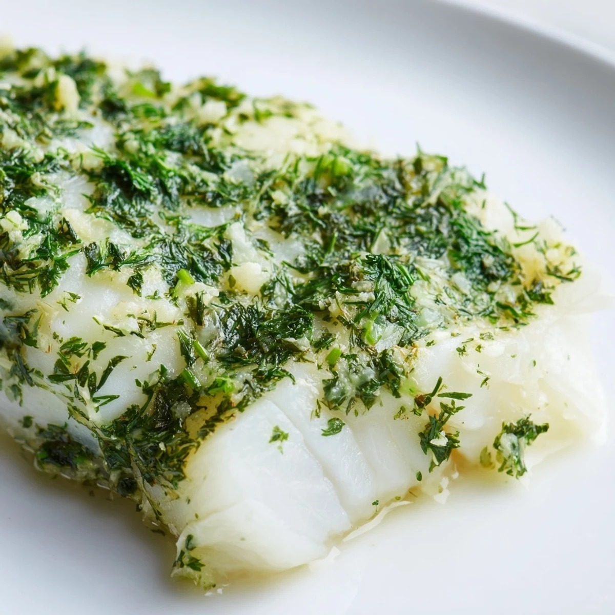 Golden baked cod fillets topped with fragrant herb butter, served with lemon wedges on a rustic plate.
