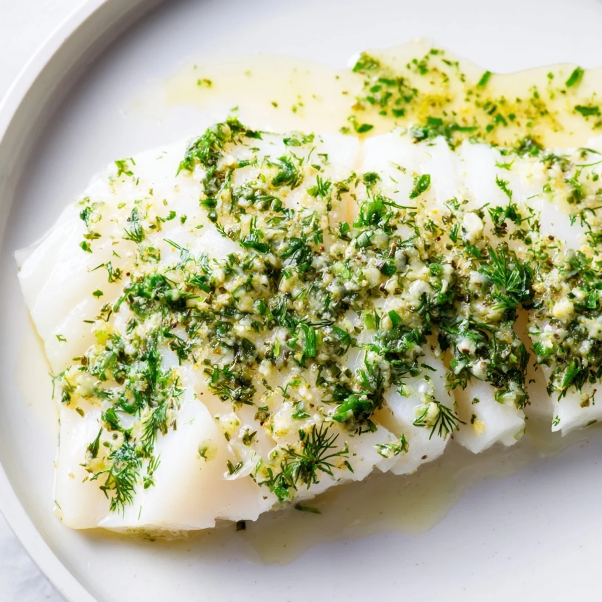 Freshly baked Baked Cod with Herb Butter garnished with herbs, paired with roasted potatoes for dinner.