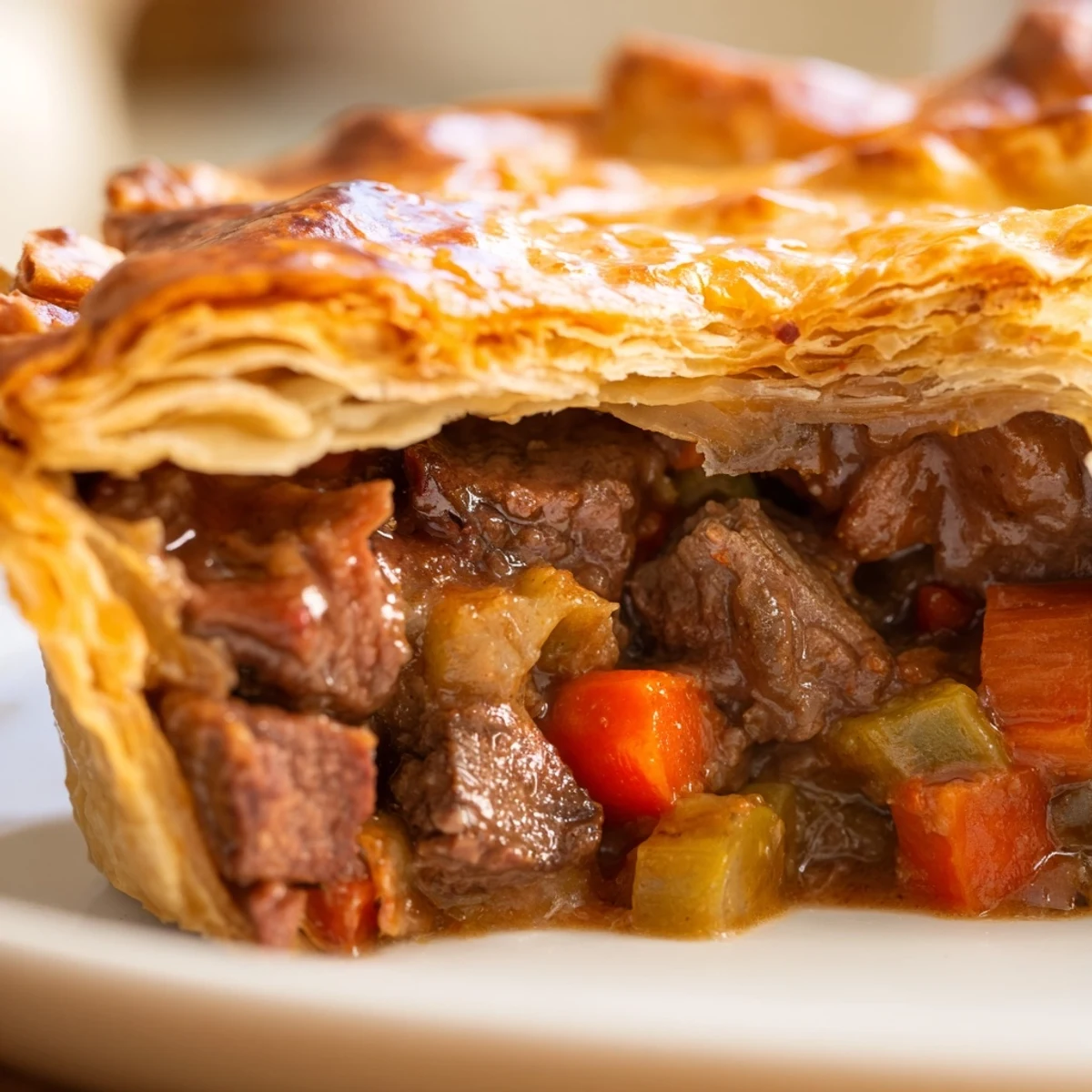 Golden-brown Beef Pie with Crust sits on a wooden table, steam rising from its flaky lattice top and savory filling.