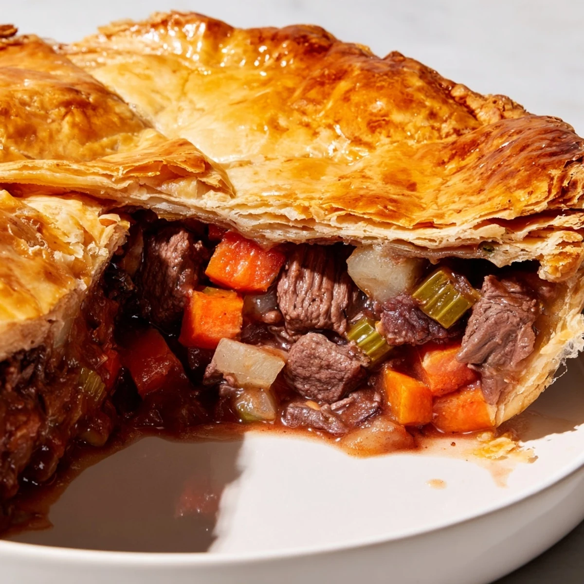Fresh thyme and a slice reveal tender beef chunks and rich gravy inside the hearty Beef Pie with Crust.