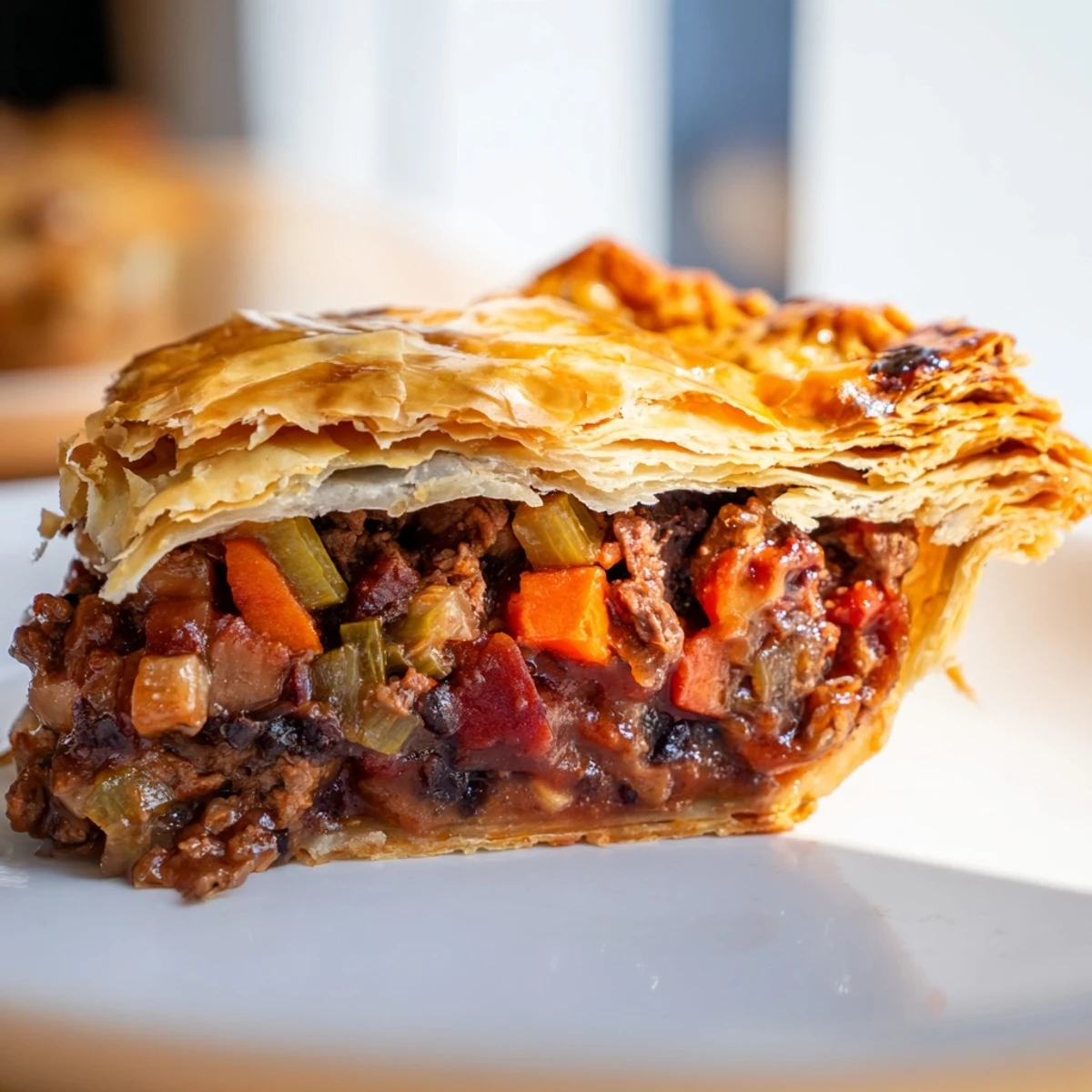 A rustic Beef Pie with Crust beside mashed potatoes and red wine, ready for a cozy family dinner.