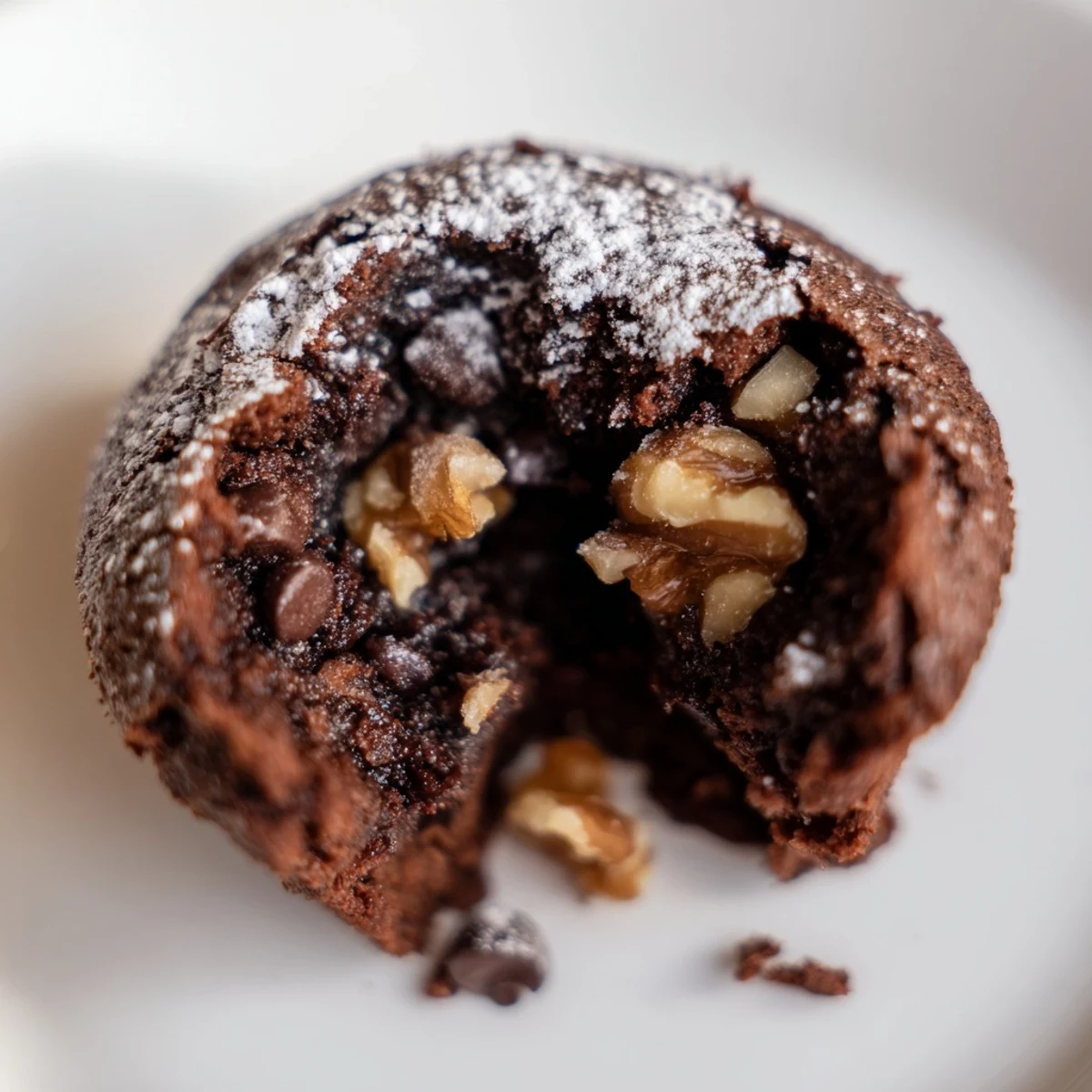 Warm Chocolate Brownie Bites dusted with powdered sugar and stacked on a rustic board.