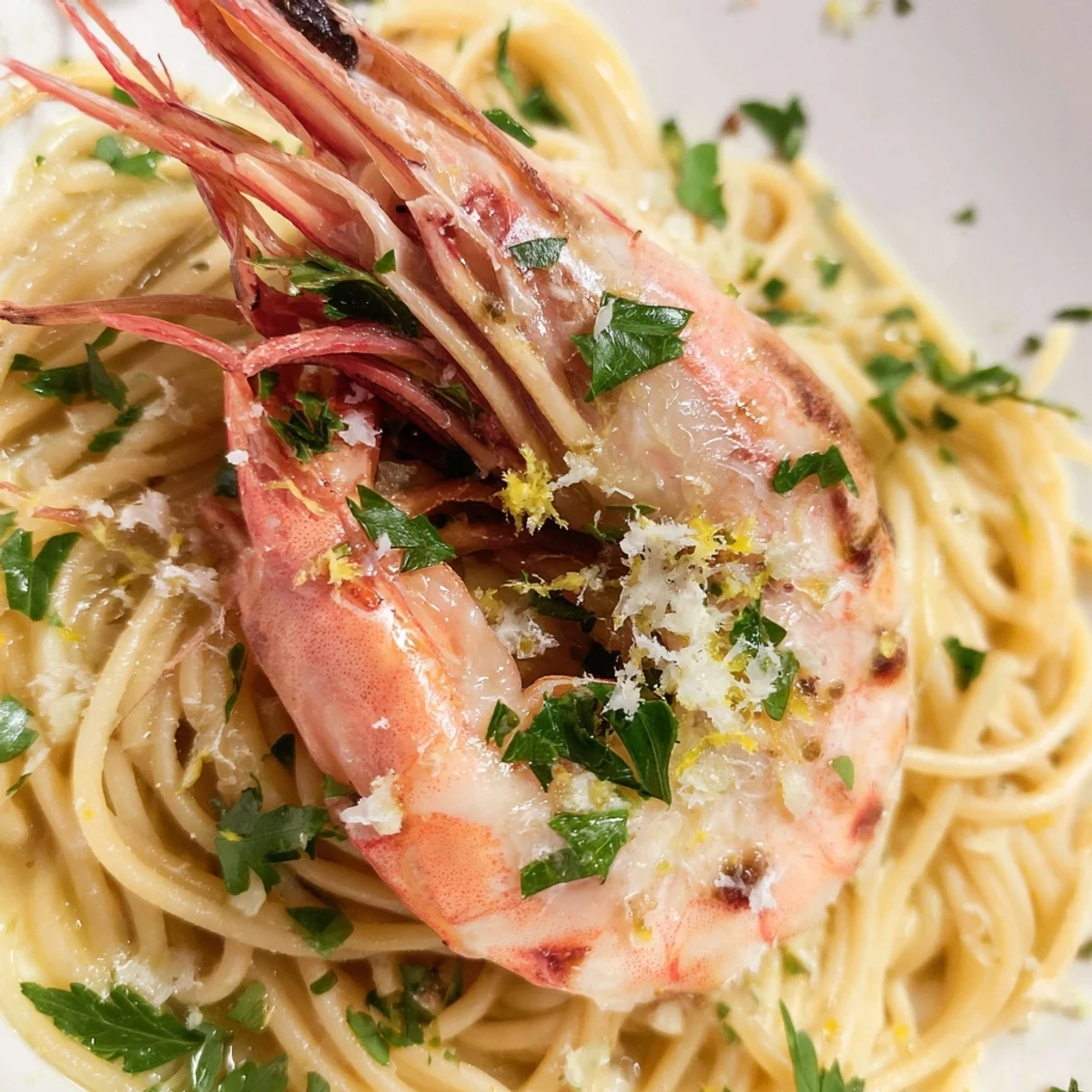 Bright, steaming Lemon Shrimp Pasta twirled on a fork, glistening with lemon-garlic butter sauce and flecked with fresh parsley.
