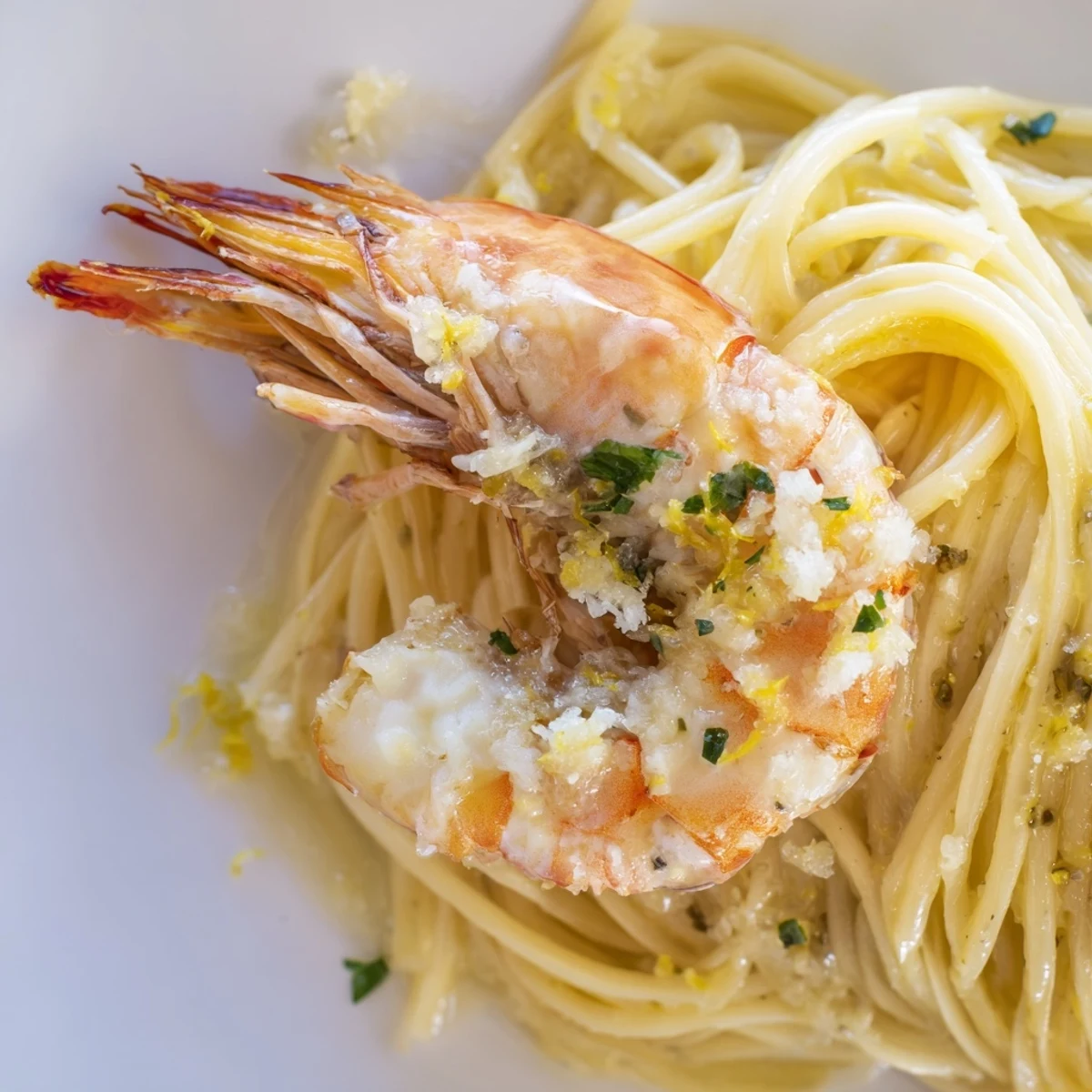 Succulent pink shrimp and al dente spaghetti in a skillet, served with lemon wedges and a sprinkle of grated Parmesan.