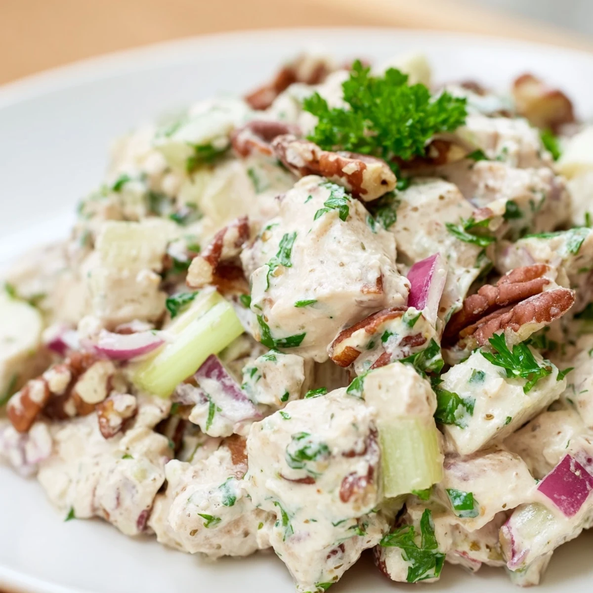 Sliced chicken breast and toasted pecans in a creamy dressing, a bowl of Chicken Pecan Salad ready to serve.
