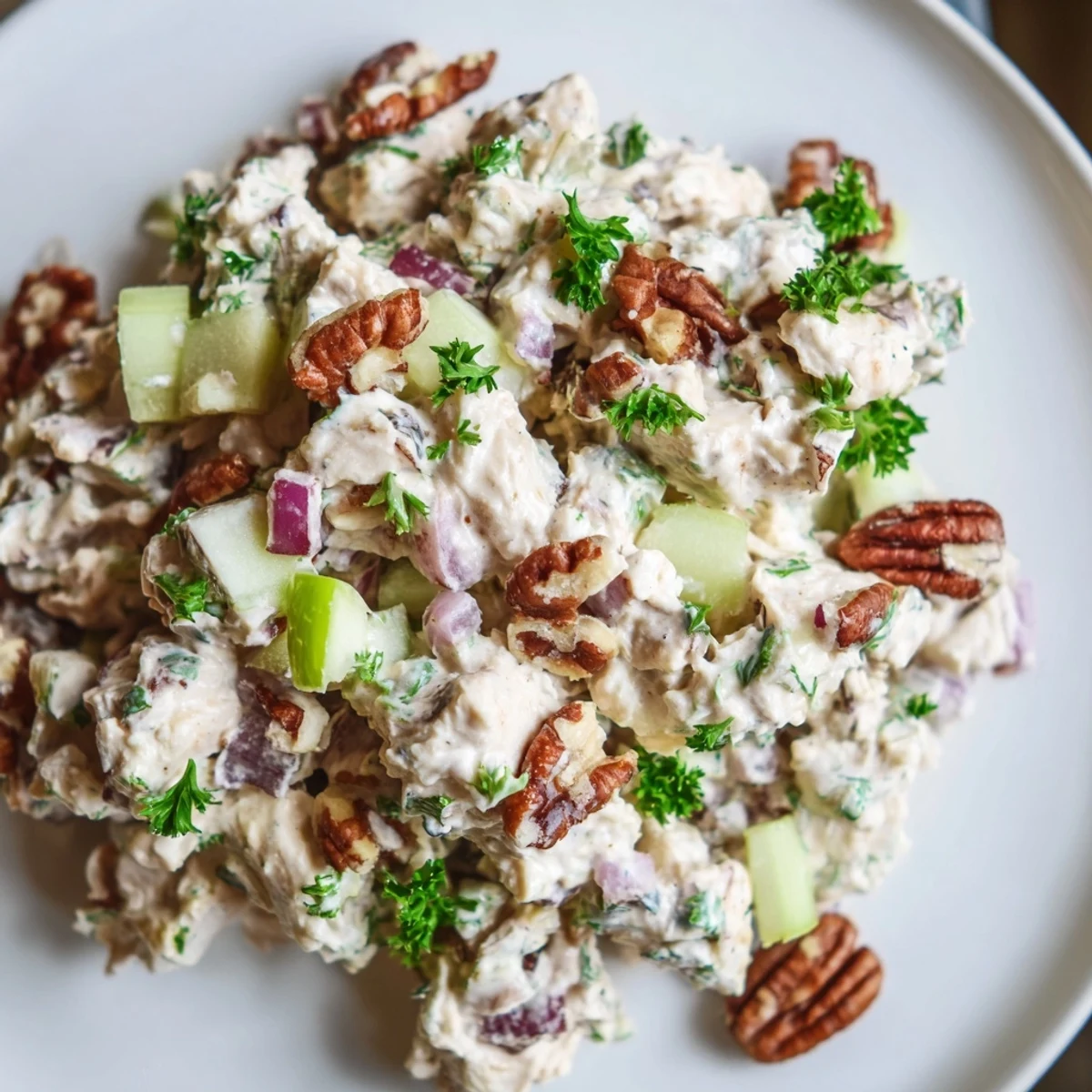A close-up of Chicken Pecan Salad featuring shredded chicken, pecans, and apples, a perfect gluten-free lunch recipe.