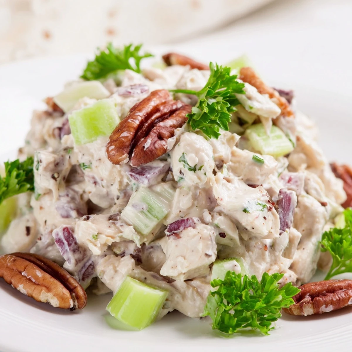 Freshly diced apples and celery mixed into Chicken Pecan Salad, garnished with parsley on a bed of greens.
