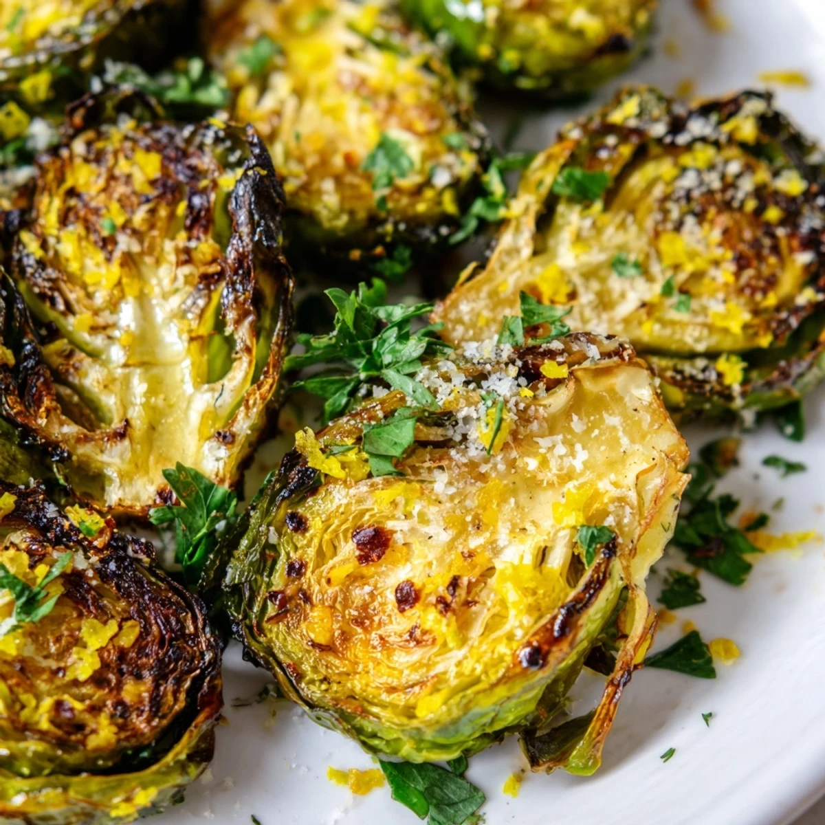 Tender Roasted Sprout Halves topped with Parmesan and lemon zest, served warm as a delicious gluten-free side dish.