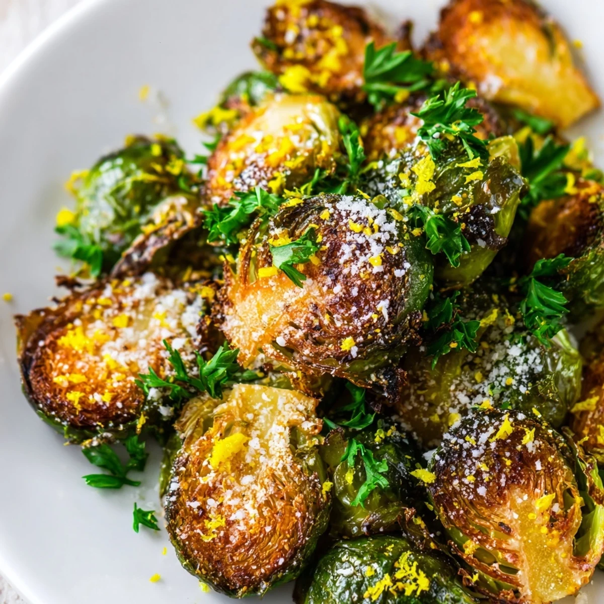 A close-up of caramelized Roasted Sprout Halves, glistening with olive oil and optional chili flakes on a rustic plate.