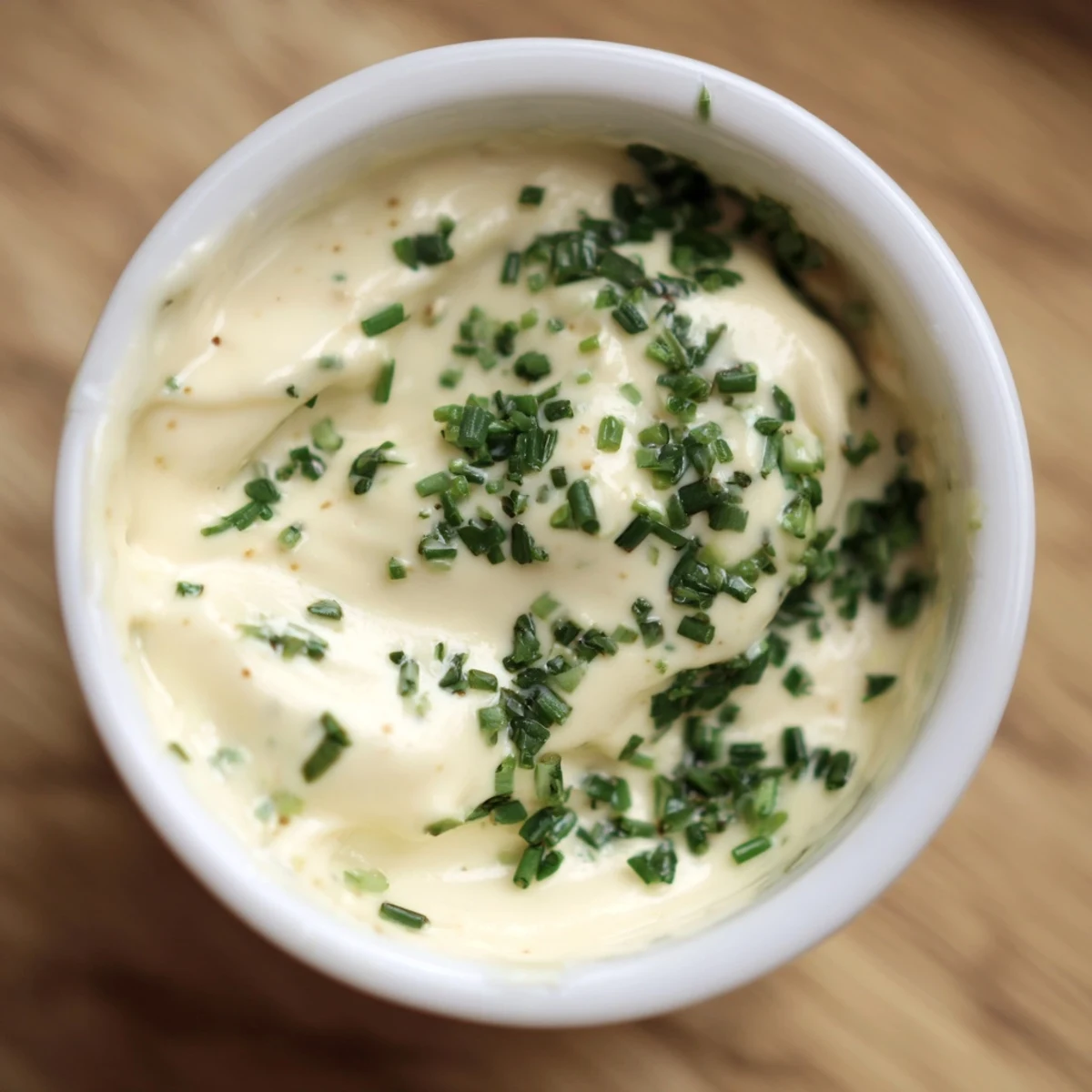 Vibrant greens tossed in rich, tangy Creamy Salad Dressing, garnished with chopped chives and parsley.
