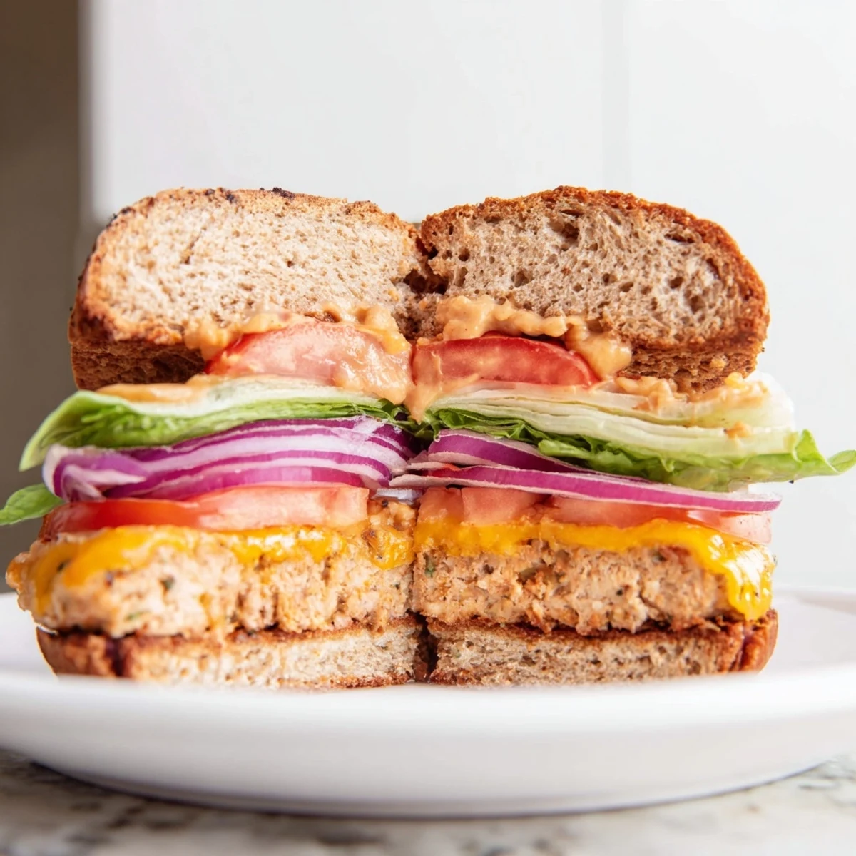 Freshly grilled Turkey Cheese Burger with juicy patty, melted cheddar, crisp veggies, and tangy sauce on a plate.