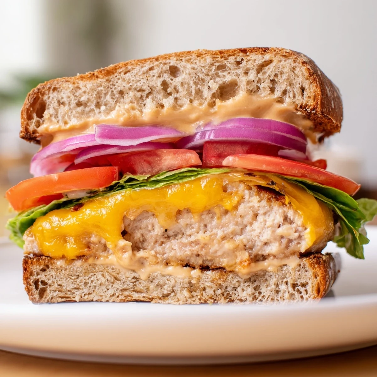 Close-up of Turkey Cheese Burger showing melted cheddar on a juicy patty with fresh lettuce, tomato, and sauce.
