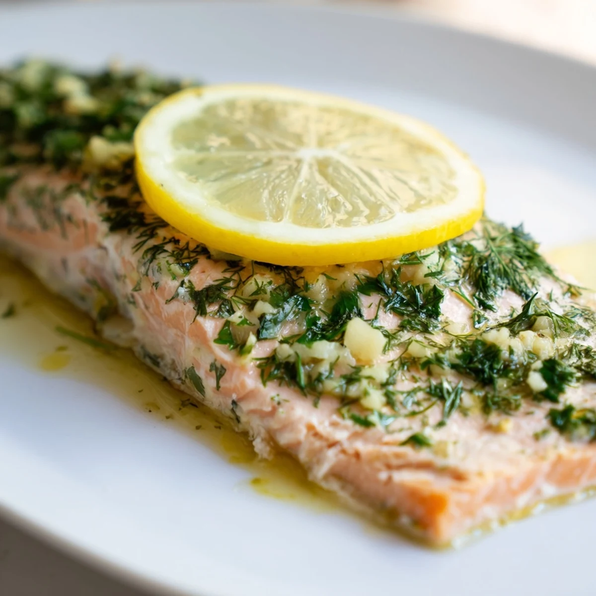 Fork-tender Baked Salmon with Lemon and Herbs fresh from the oven, garnished with chopped herbs.