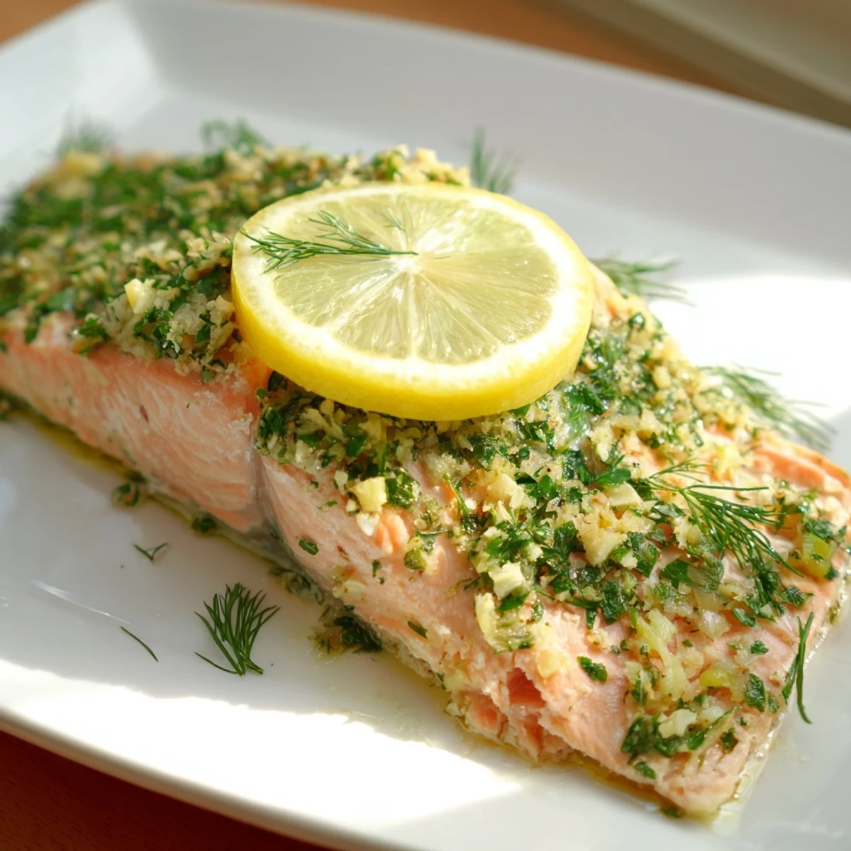 Glossy Baked Salmon with Lemon and Herbs fillets topped with golden lemon rounds and fresh dill sprigs.
