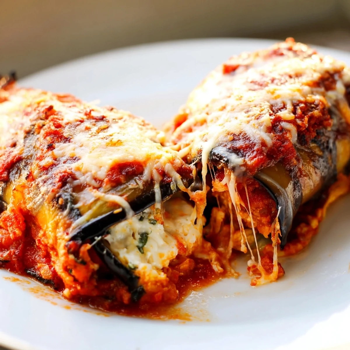 Golden-brown Baked Eggplant Rollatini with Ricotta and Herbs resting in a ceramic dish with fresh basil garnish.