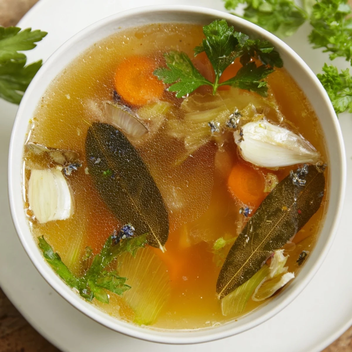 Golden-brown Homemade Vegetable Broth simmering in a pot with bay leaves, thyme sprigs, and chopped vegetable scraps.