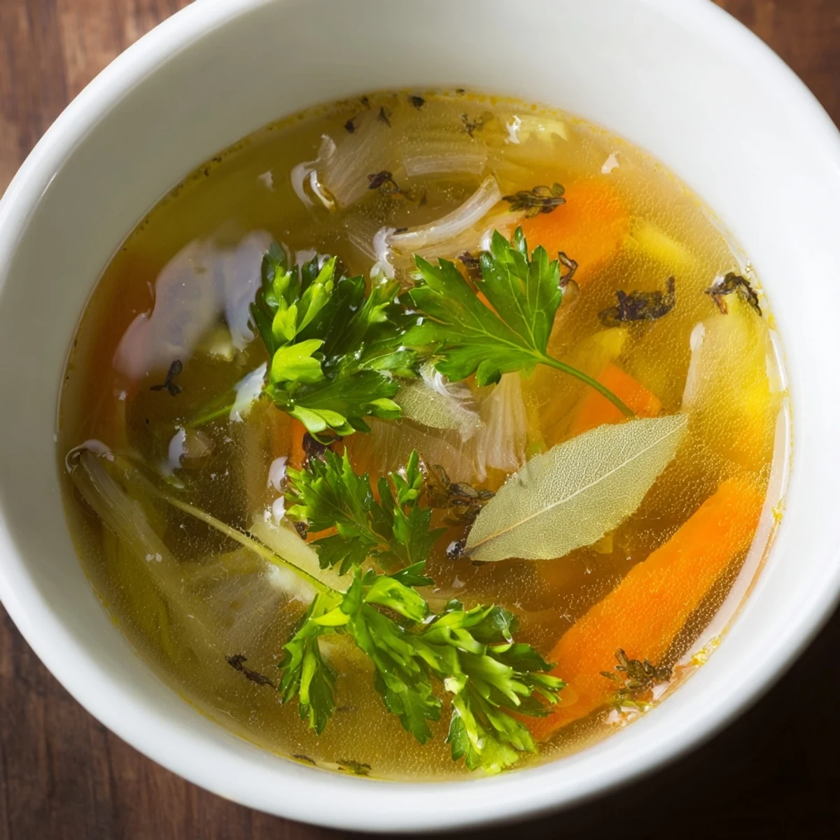 Aromatic Homemade Vegetable Broth steaming in a clear glass bowl, garnished with fresh parsley and lemon wedges.