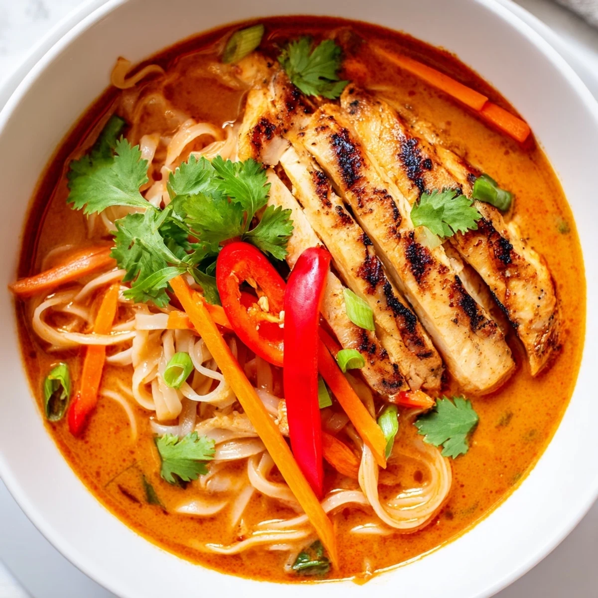 Thai Red Curry Noodle Soup with Grilled Chicken steaming in a vibrant red coconut broth, topped with fresh cilantro and lime wedges.