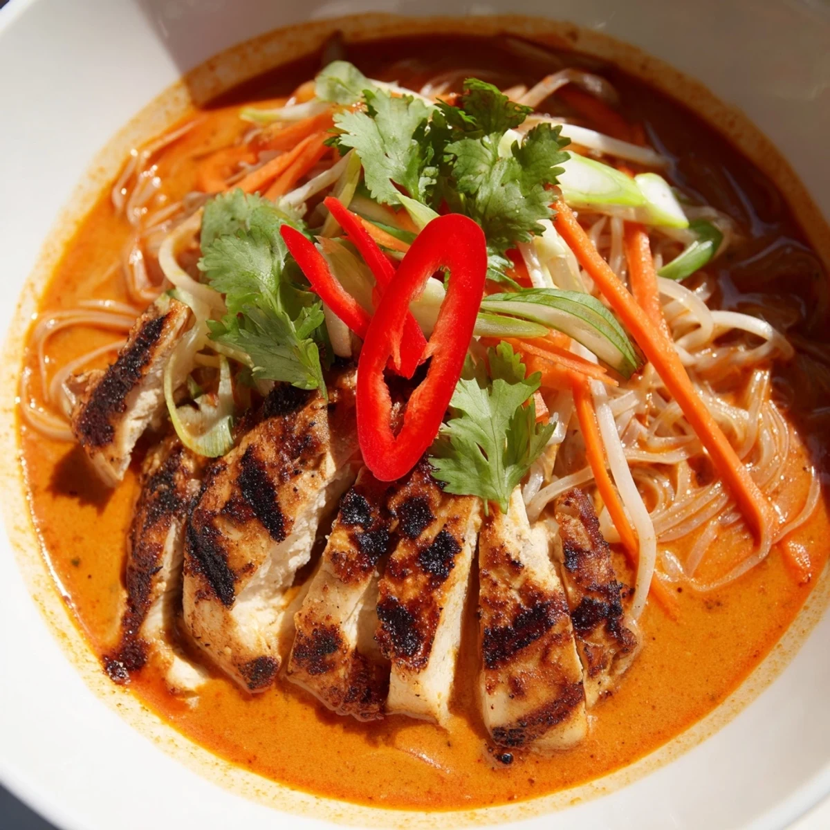 Sliced, charred grilled chicken rests atop a bowl of Thai Red Curry Noodle Soup, garnished with fresh herbs and chili slices.