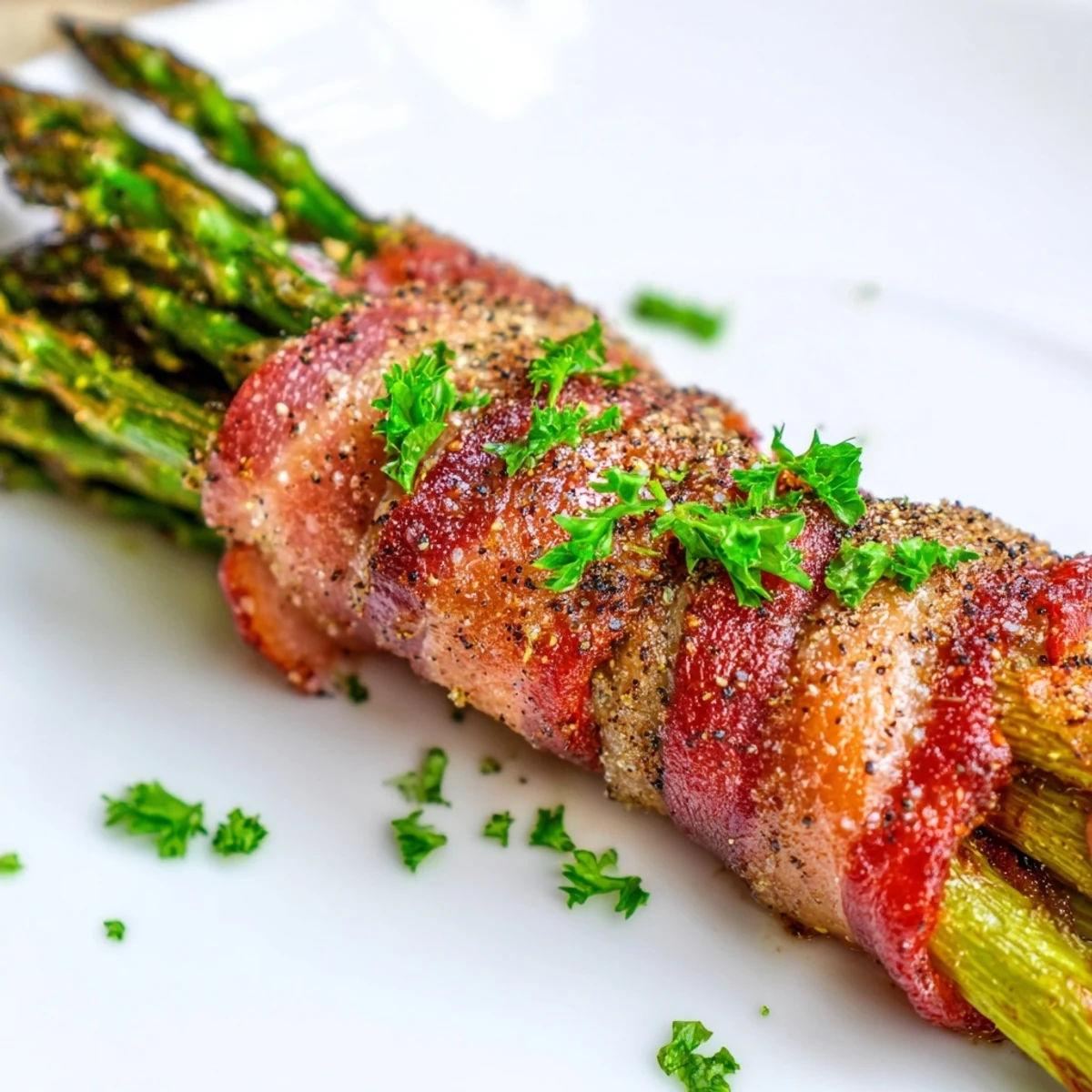 Golden-brown Crispy Beef Bacon Wrapped Asparagus Bundles garnished with fresh parsley, ideal for a gluten-free party side.