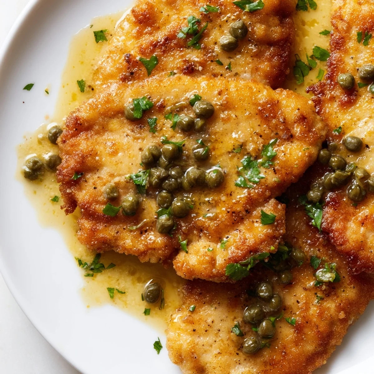 Fork-tender Chicken Piccata with capers and lemon juice on a white plate, garnished with fresh parsley.