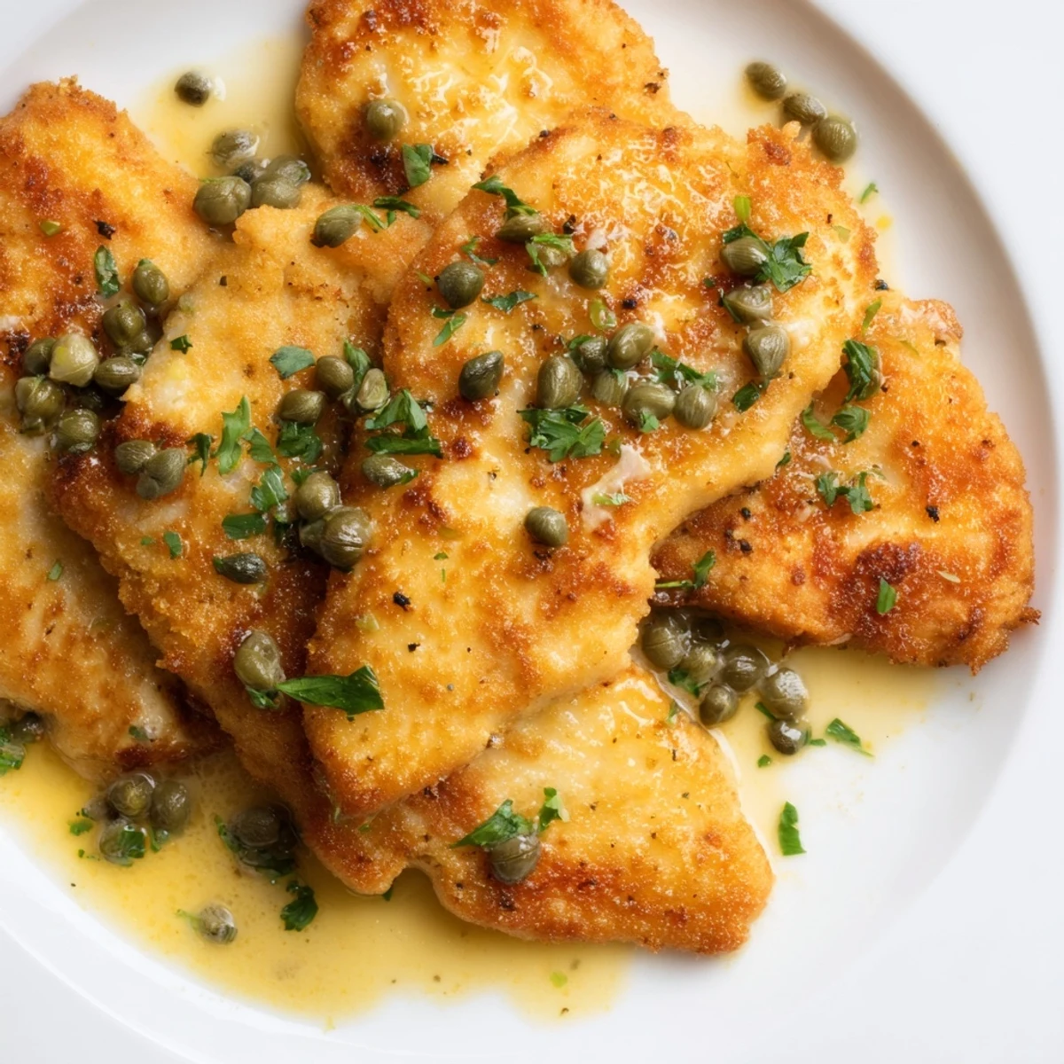 Sizzling Chicken Piccata with capers and lemon juice in a skillet, spooning the pan sauce over cutlets.