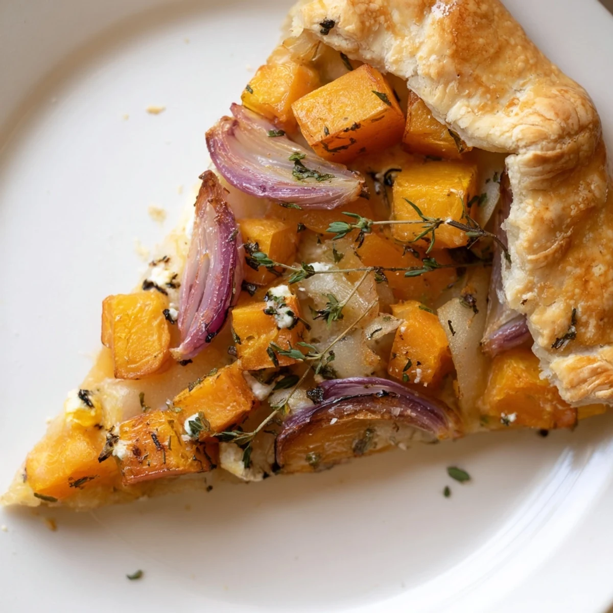 Overhead view of Roasted Butternut Squash and Apple Galette, featuring tender squash, apple slices, and caramelized onions on rustic parchment. 