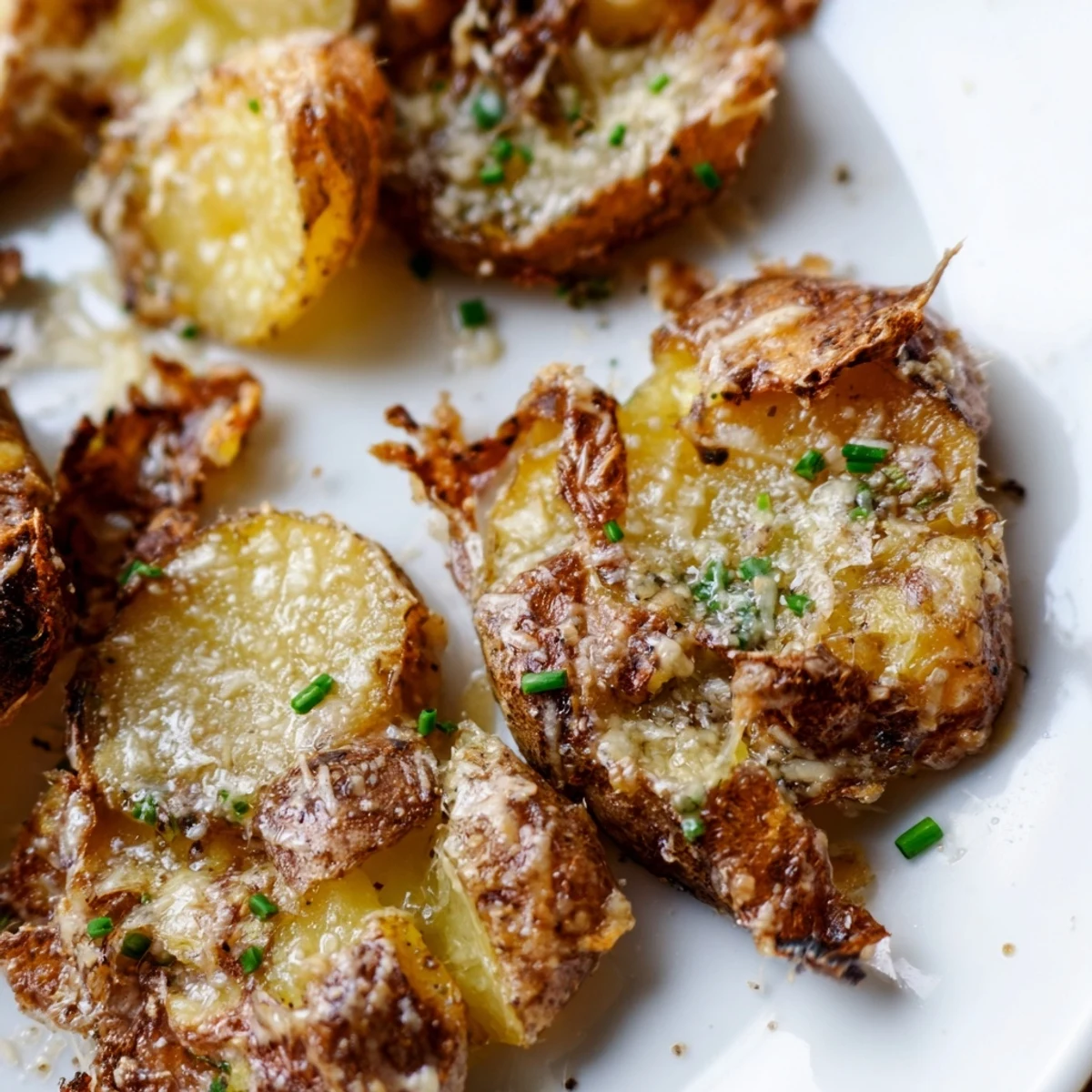 Savory Garlic Parmesan Smashed Potatoes with Chives, garnished with fresh herbs and ready to serve as a hot side dish.
