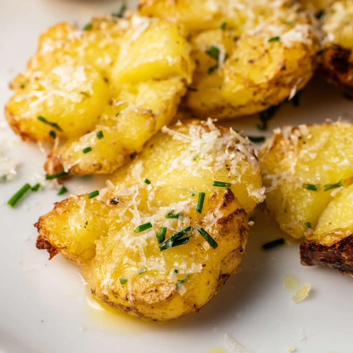 Golden brown Garlic Parmesan Smashed Potatoes with Chives on a plate, crispy edges and fluffy centers baked with melted cheese.