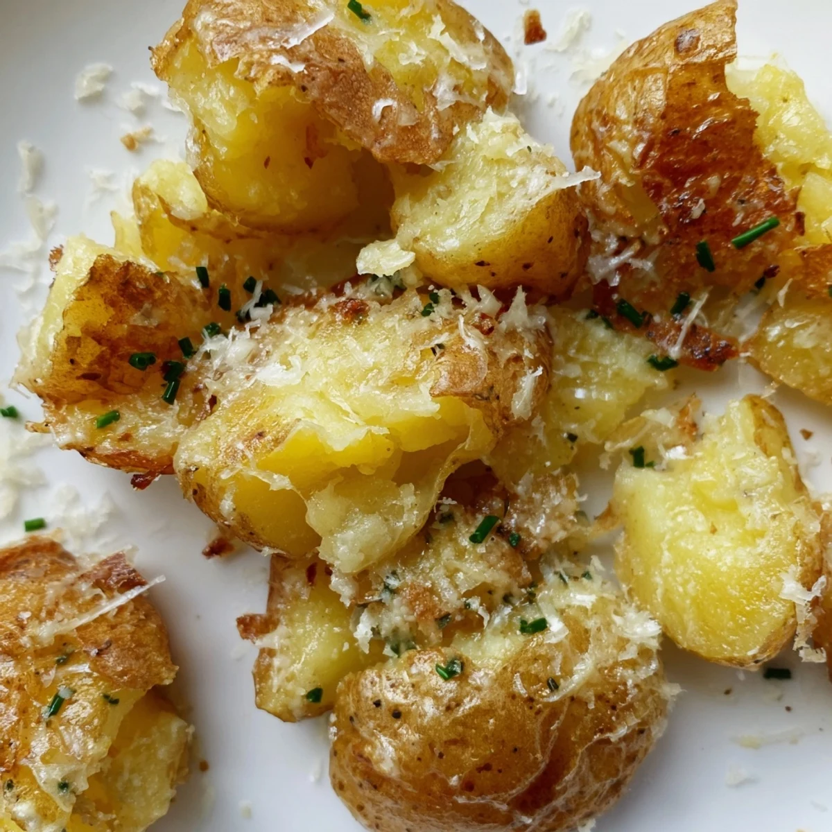 Close-up of crispy Garlic Parmesan Smashed Potatoes with Chives, golden potato skins and melted cheese for a gluten-free vegetarian recipe.
