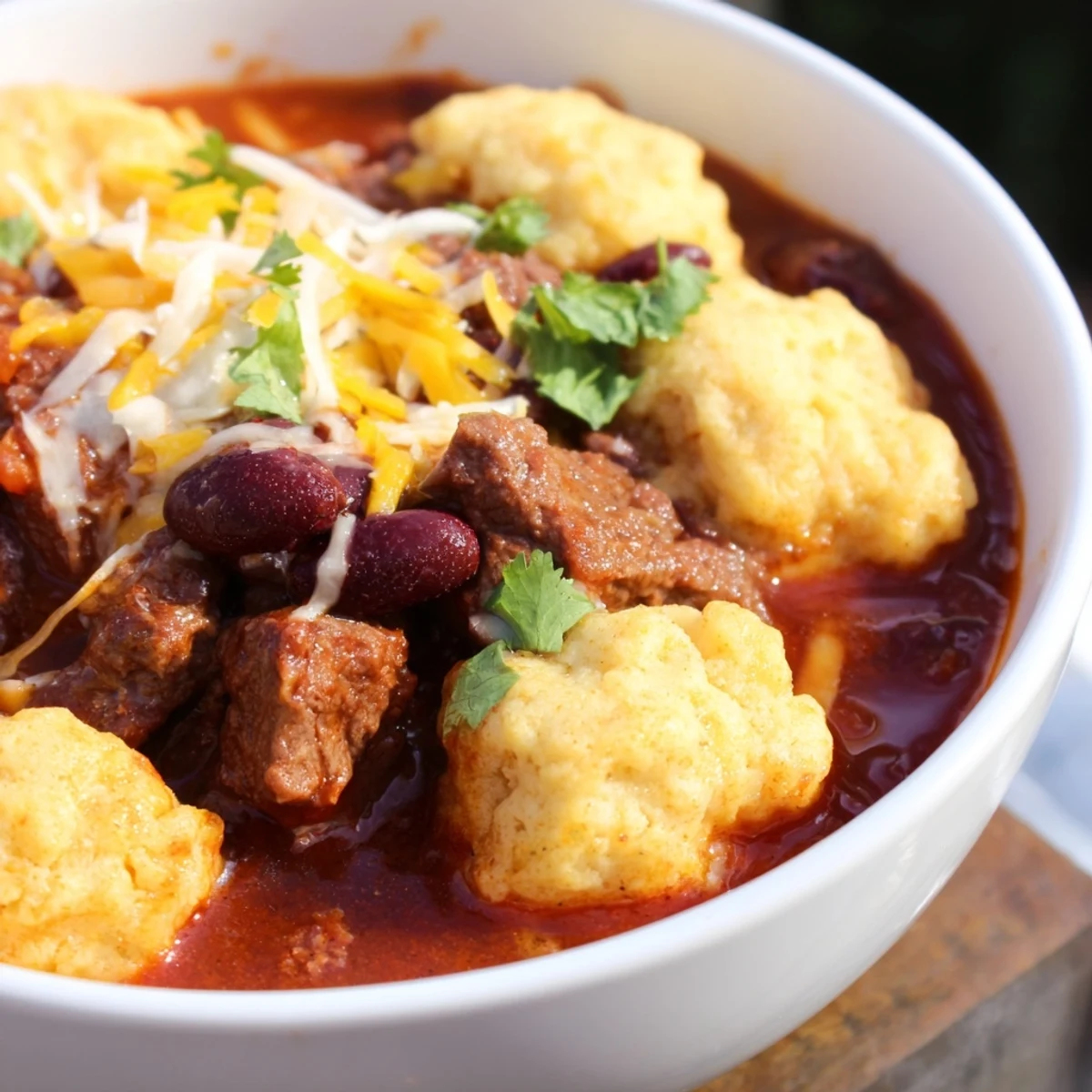 A hearty bowl of Beef Chili with Homemade Cornbread Dumplings, featuring tender beef and fluffy golden dumplings, garnished with cilantro and jalapeños.