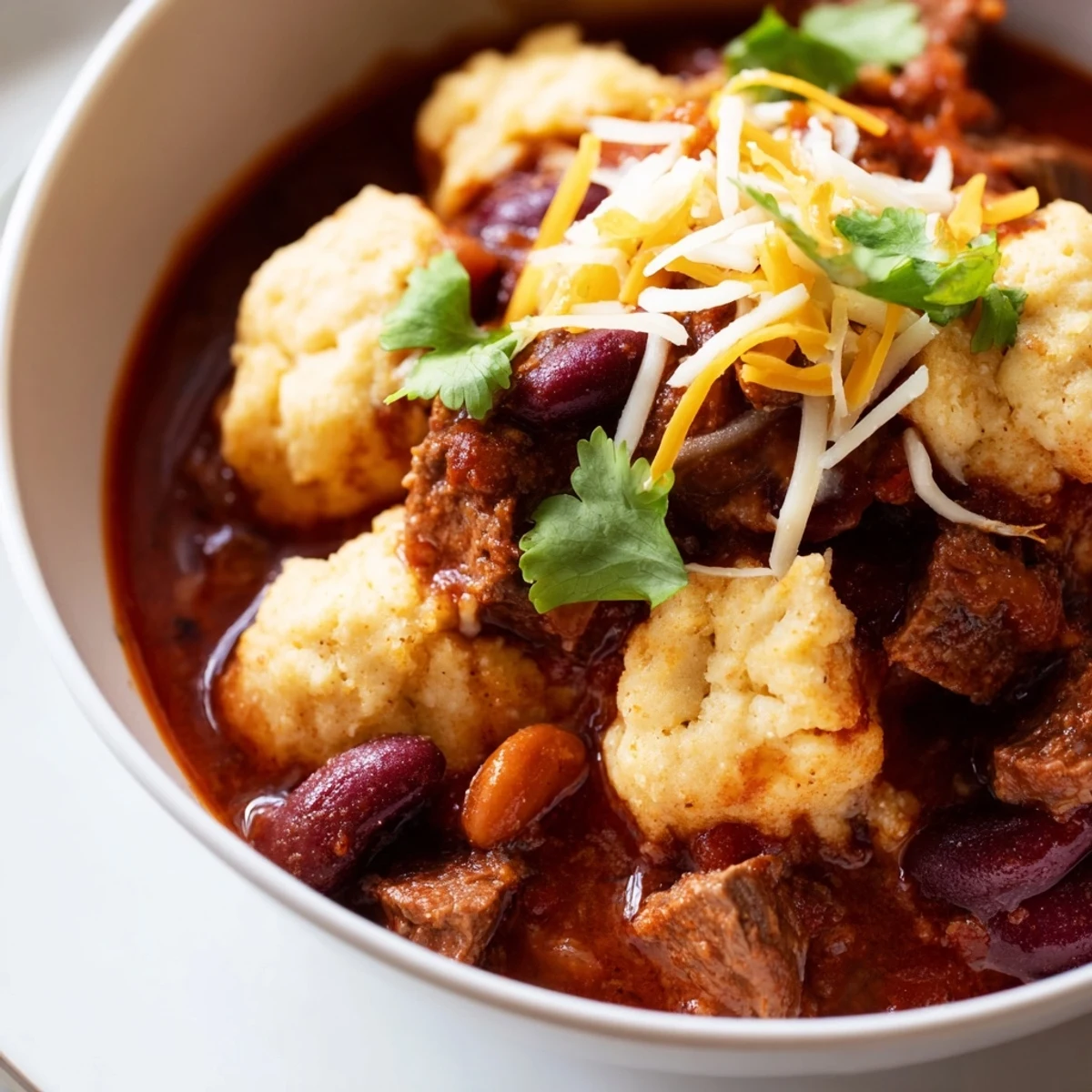 Close-up of bubbling Beef Chili with Homemade Cornbread Dumplings, showcasing rich tomato broth and cornbread dumplings ready to serve hot.
