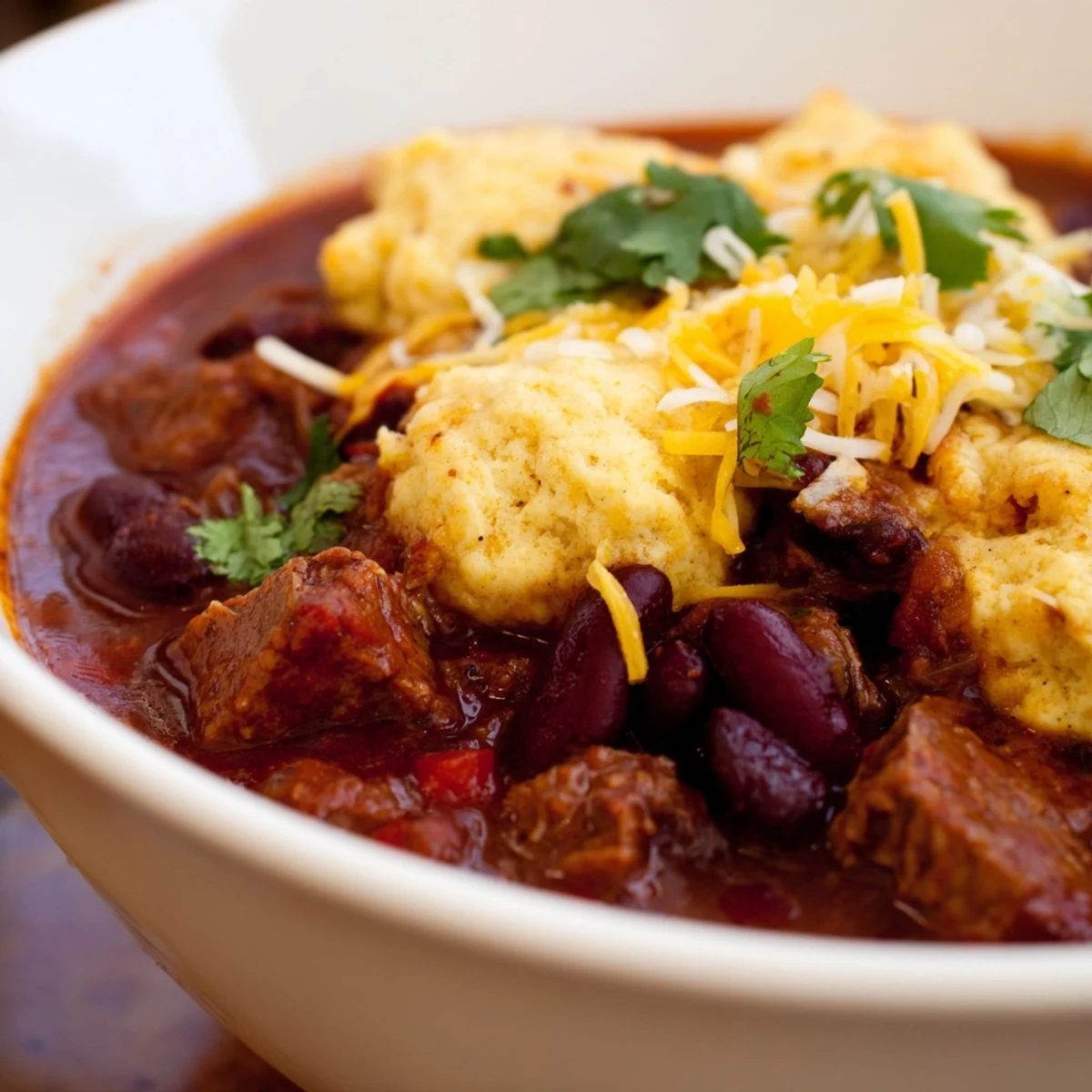 Family-style Dutch oven of Beef Chili with Homemade Cornbread Dumplings, topped with shredded cheese and fresh cilantro for a cozy dinner.