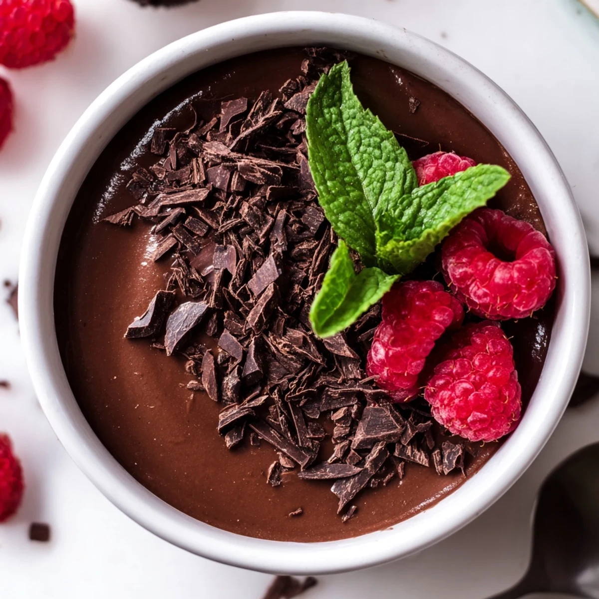 Creamy Chocolate Avocado Mousse served chilled in a glass, topped with fresh raspberries and chocolate shavings.