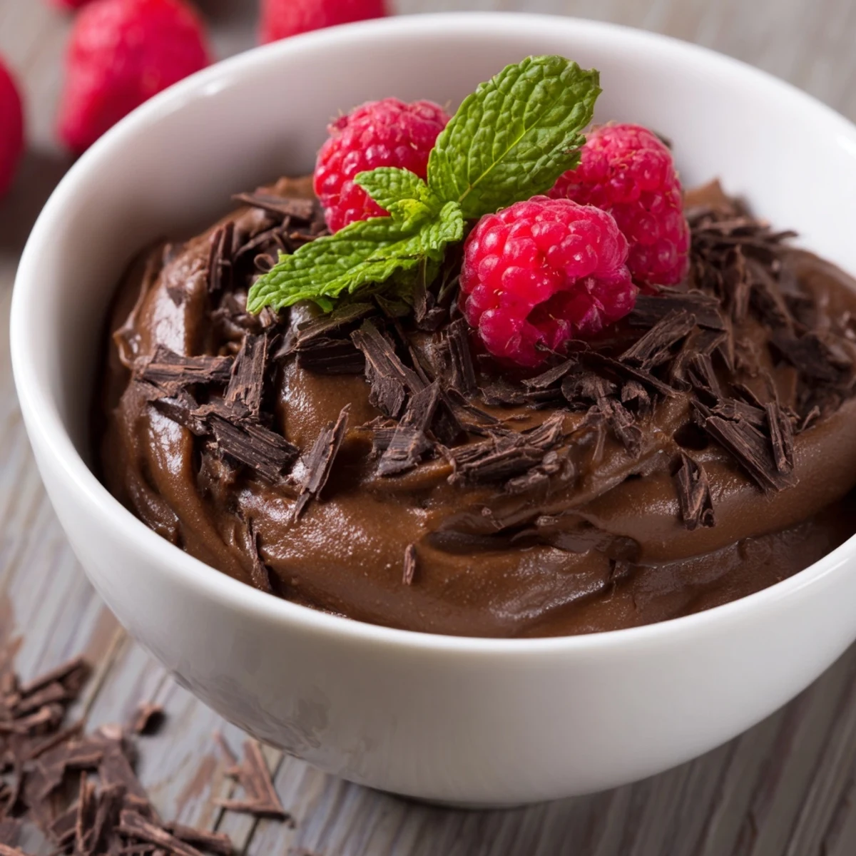 Indulgent yet healthy Chocolate Avocado Mousse with juicy raspberries, perfect for an easy gluten-free treat.