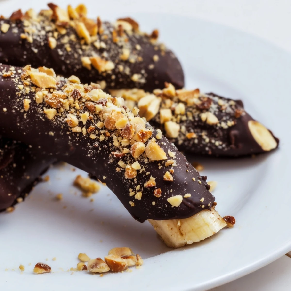 A platter of easy, gluten-free Chocolate Covered Banana Bites topped with chopped peanuts and served straight from the freezer.