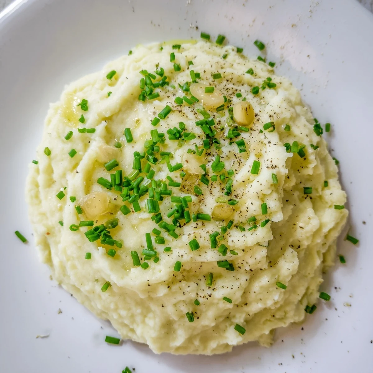 Creamy roasted garlic mashed cauliflower with chives in a rustic serving bowl, ready to enjoy.