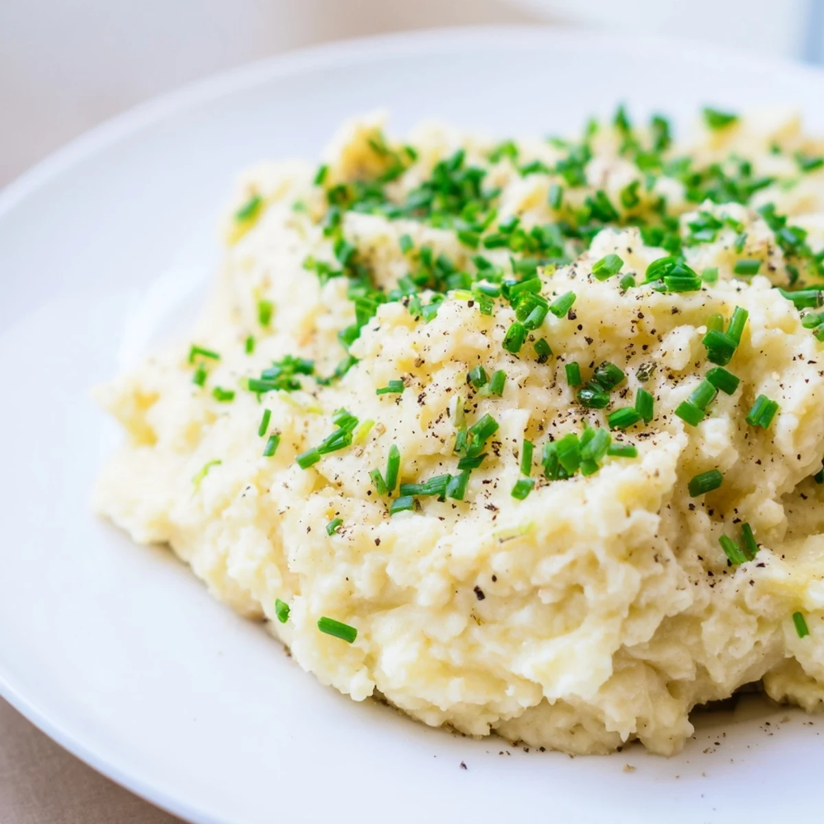 Tender cauliflower blended with roasted garlic and butter, garnished with fresh green chives for flavor.