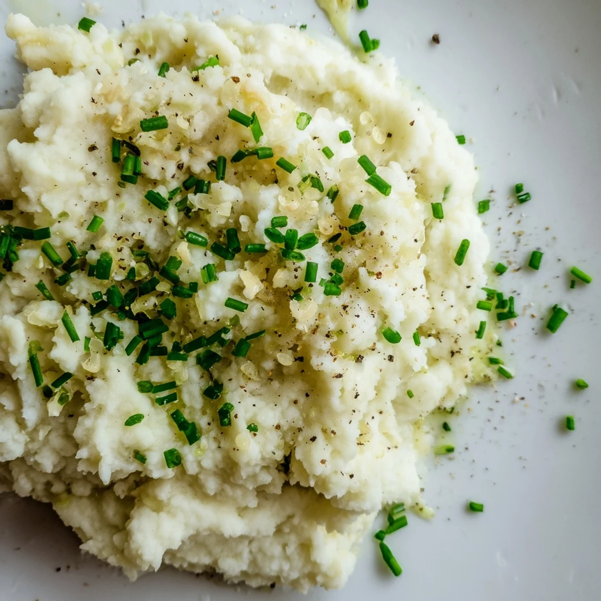 Savory low-carb mashed cauliflower topped with chives, ideal as a healthy potato alternative side.